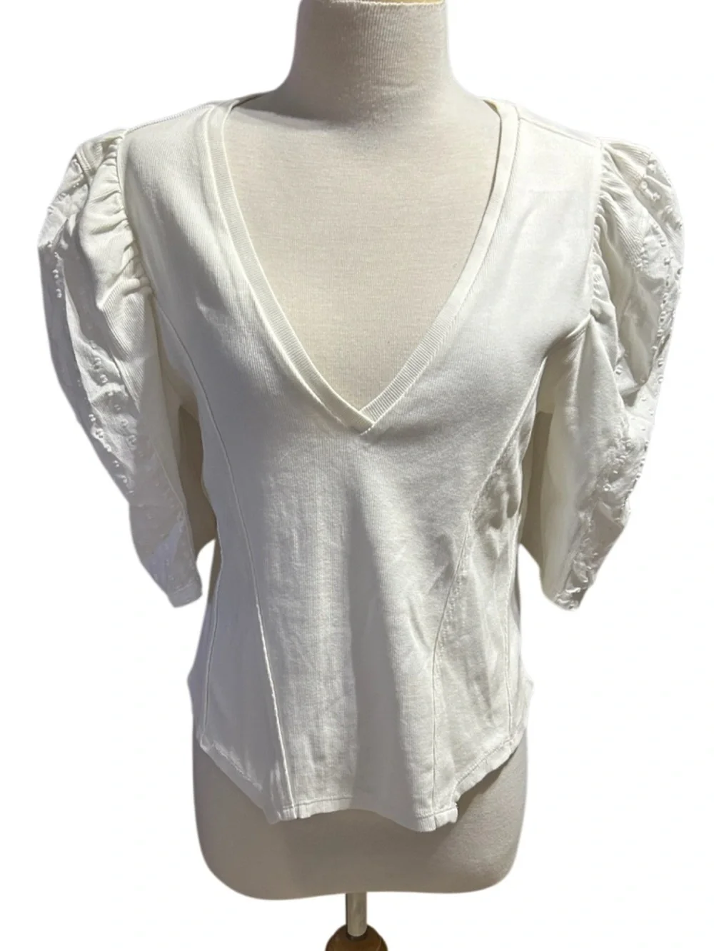 Anthropologie Puff-Sleeve Structured V- Neck Tee Blouse Top Ribbed Size L